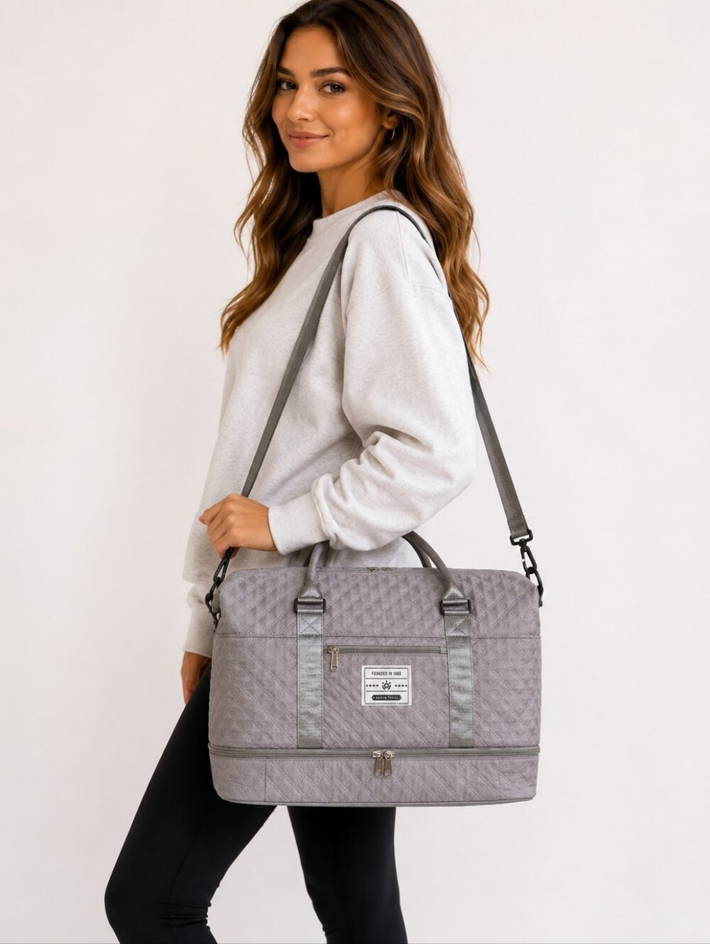 Large Quilted Weekender Travel Bag Gray Overnight Duffel Carry On Tote